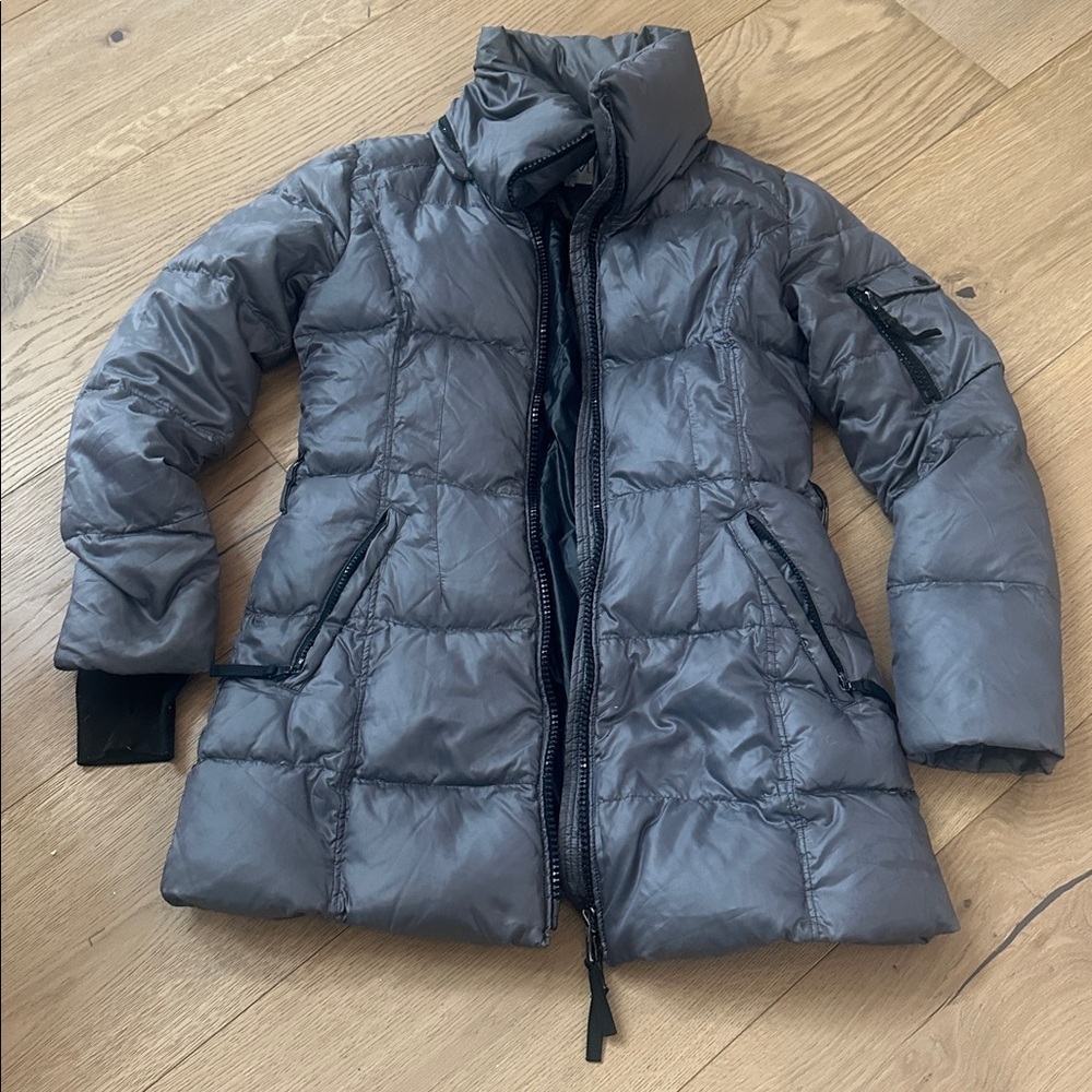 SAM. Women's Metallic Gray Puffer Jacket L goose down feather